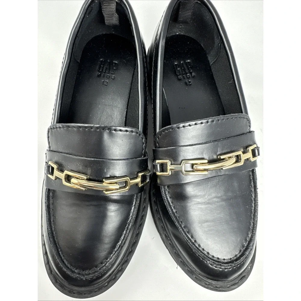 Gap Kids Girls Black Gold Tone Chain Link Faux Leather Loafers‎ Sz 12 Lug Sole